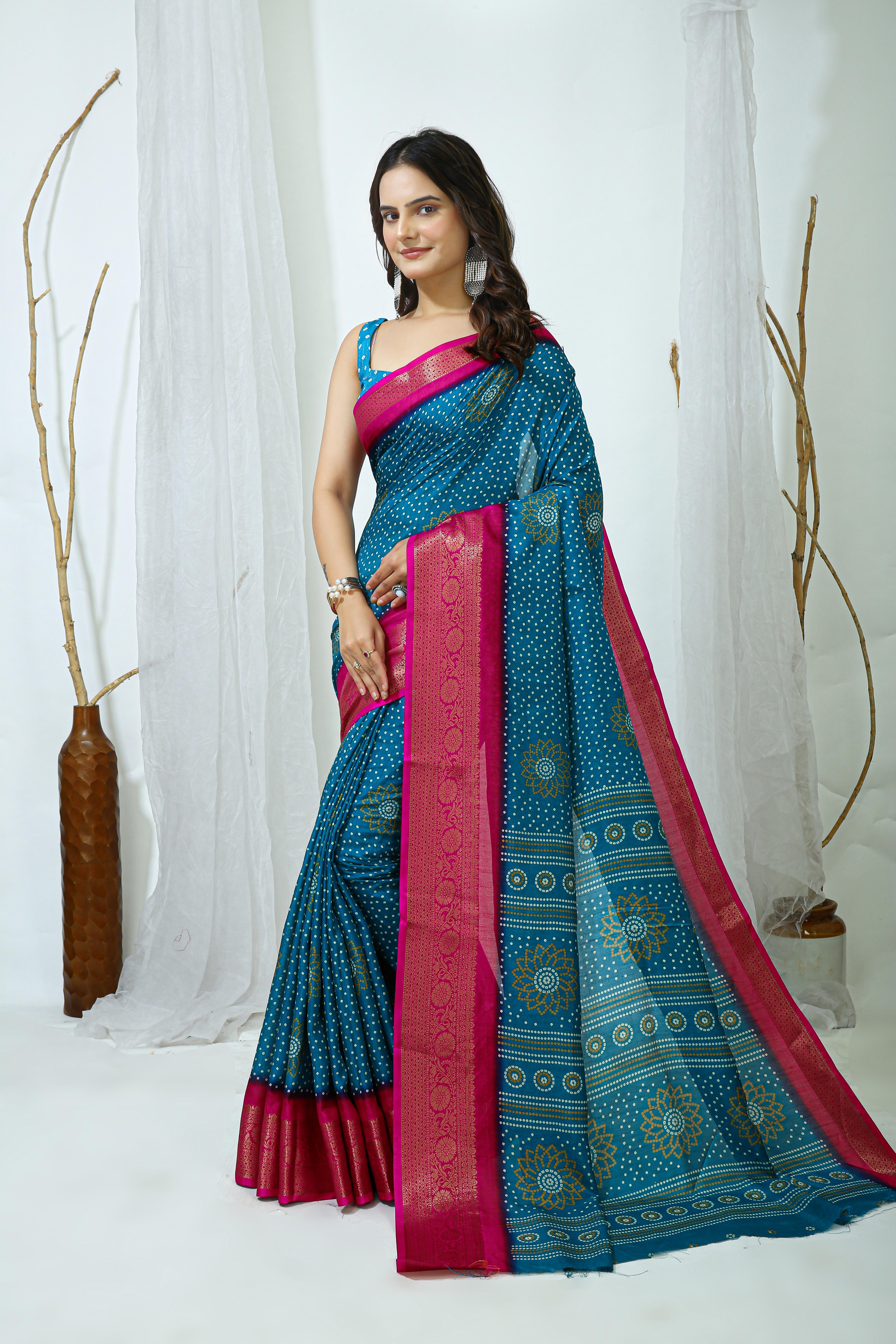 Bandhani Print Dola Silk Saree with Zari Border view 2