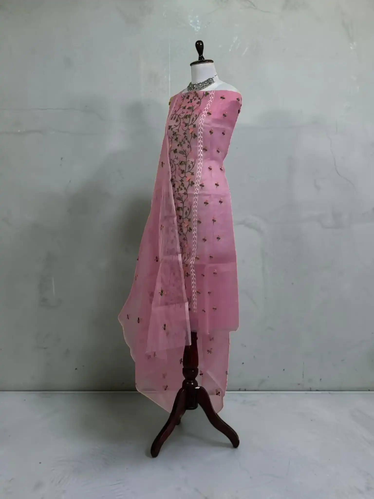 Handwoven Kota Doria Dress Material in Onion Pink with Hand Embroidery view 2