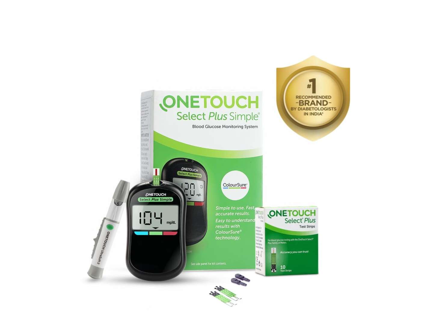 OneTouch Select Plus Simple glucometer machine, Accurate testing of Blood sugar levels, FREE 10 Test Strips + 10 Sterile Lancets + 1 Lancing device