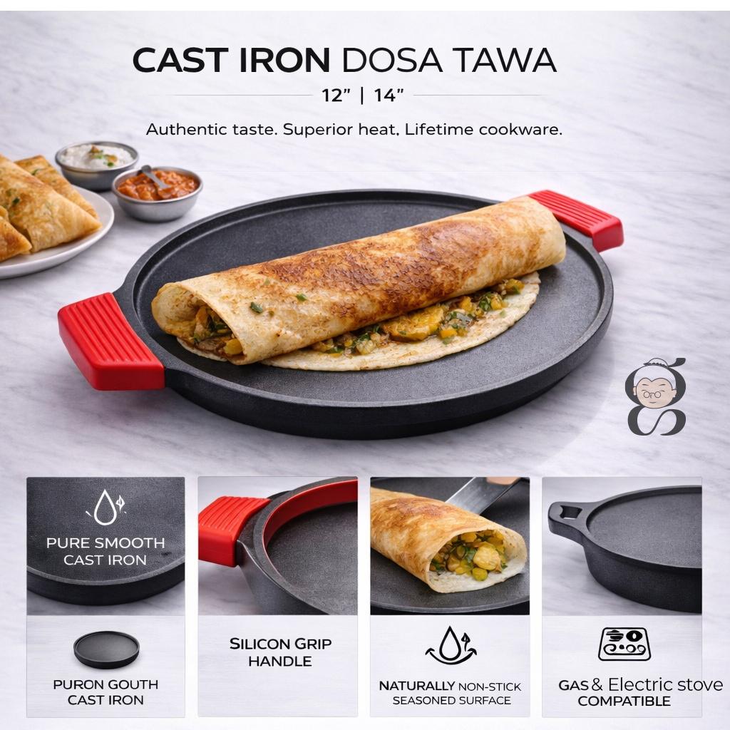 Granny Kitchen Cast Iron Tawa | Pre-Seasoned Heavy Duty Tawa with Silicone Handles view 2