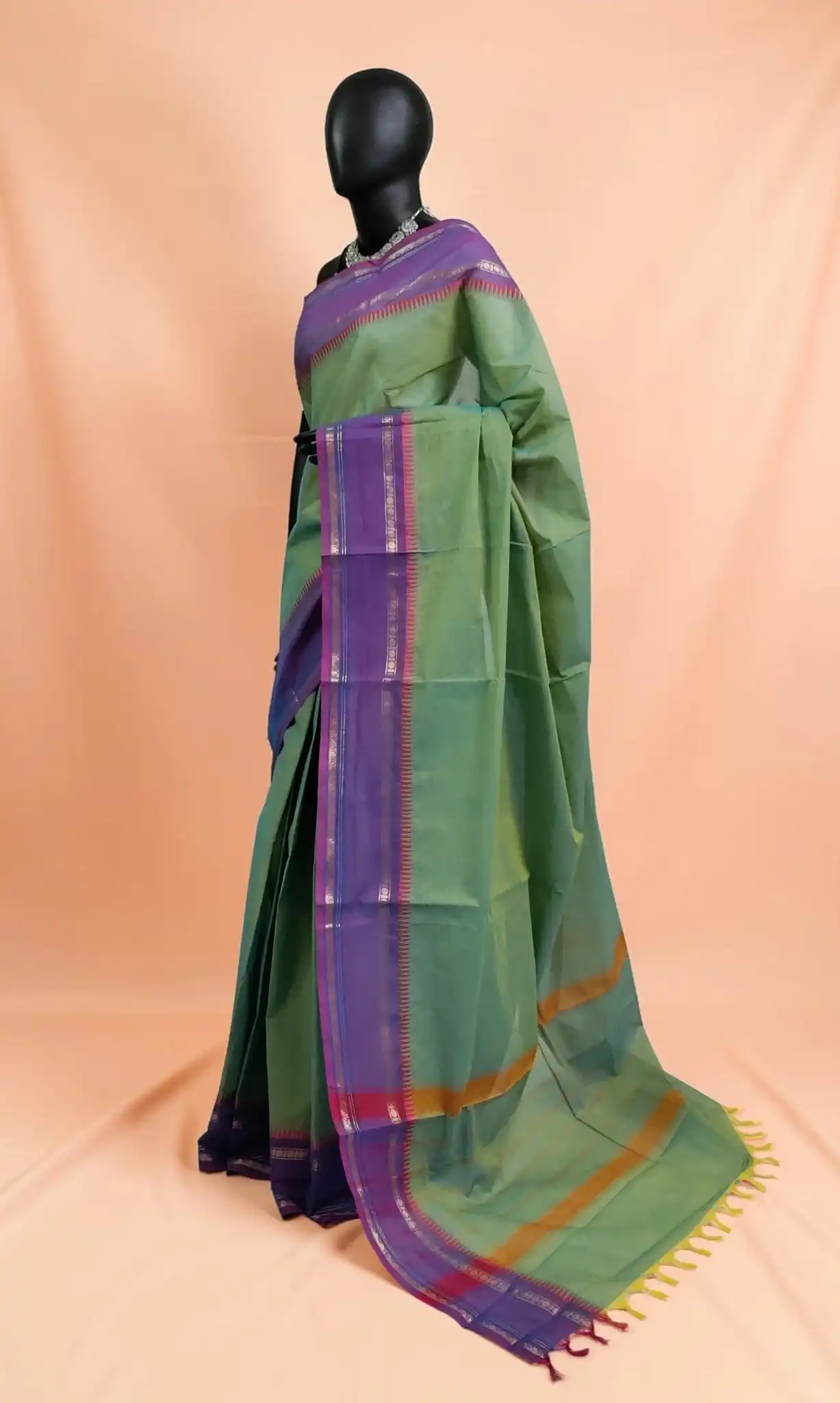 Sea Green Kanchipuram Cotton-Silk Handloom Saree with Woven Border view 2