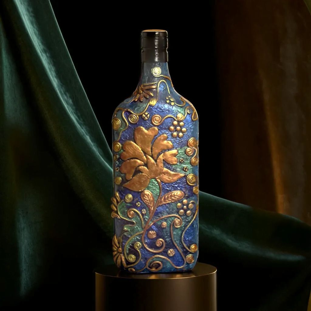 dynemart | Handmade Acrylic Glass Bottle Art with 3D Gold Floral Design – Premium Decor for Bathroom, Living Room, Bedroom, Kitchen Table – Unique Home Decor Gift (Pack of 1) view 2