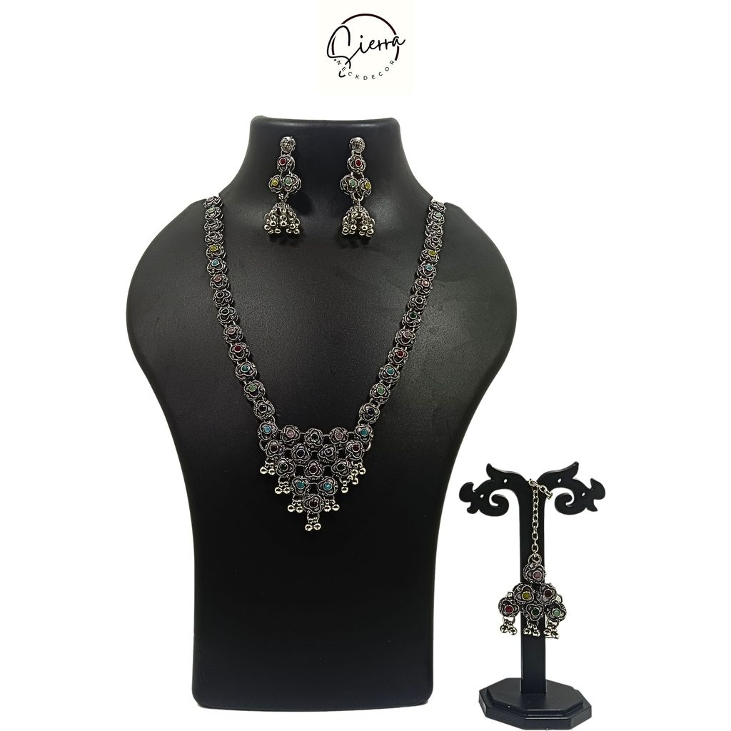 SIERRA Necklace Jewellery Set with Ear Rings, MaangTika, Oxidized, V Shaped Pendant, AD, Multicolored view 2