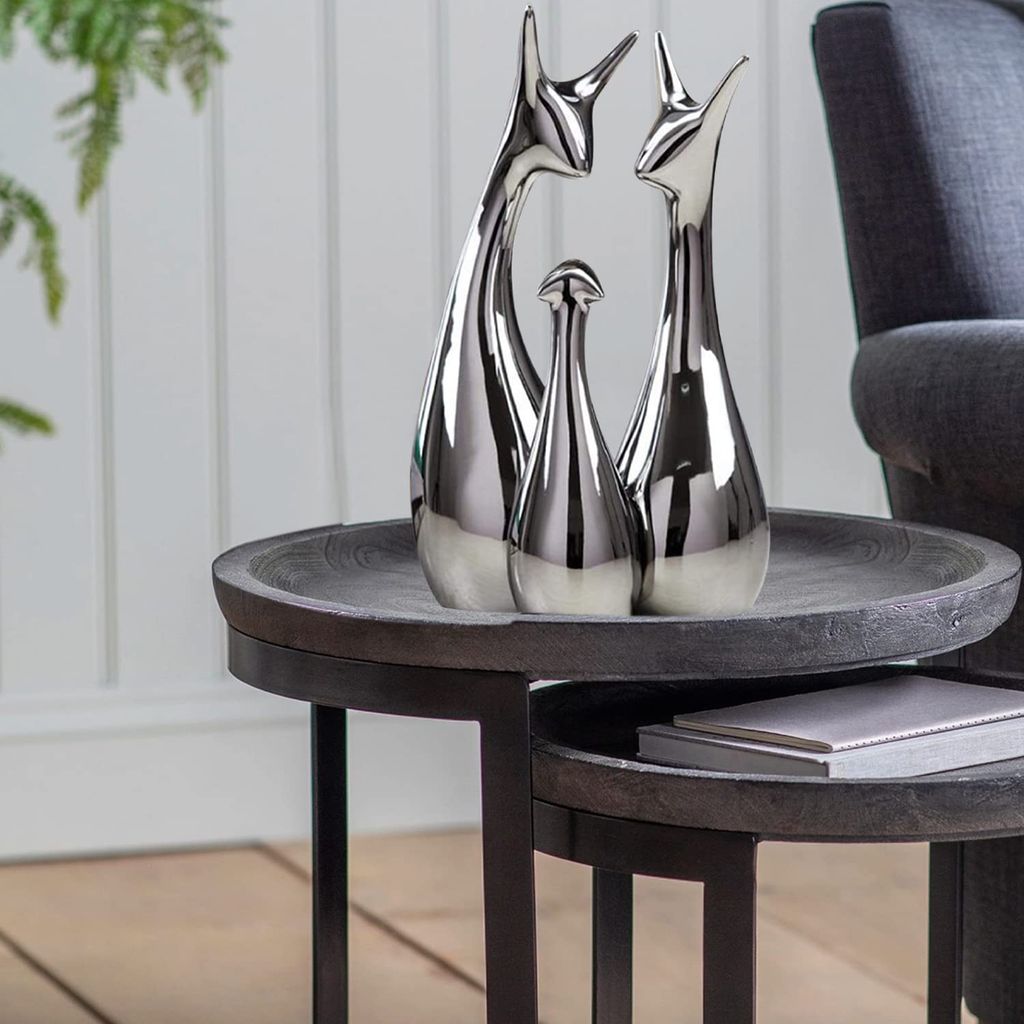 Srijan Enterprises - Home Decor Silver Deer Statue Family Piano Finish Ceramic Figures - (Set of 3, Silver Set) view 2
