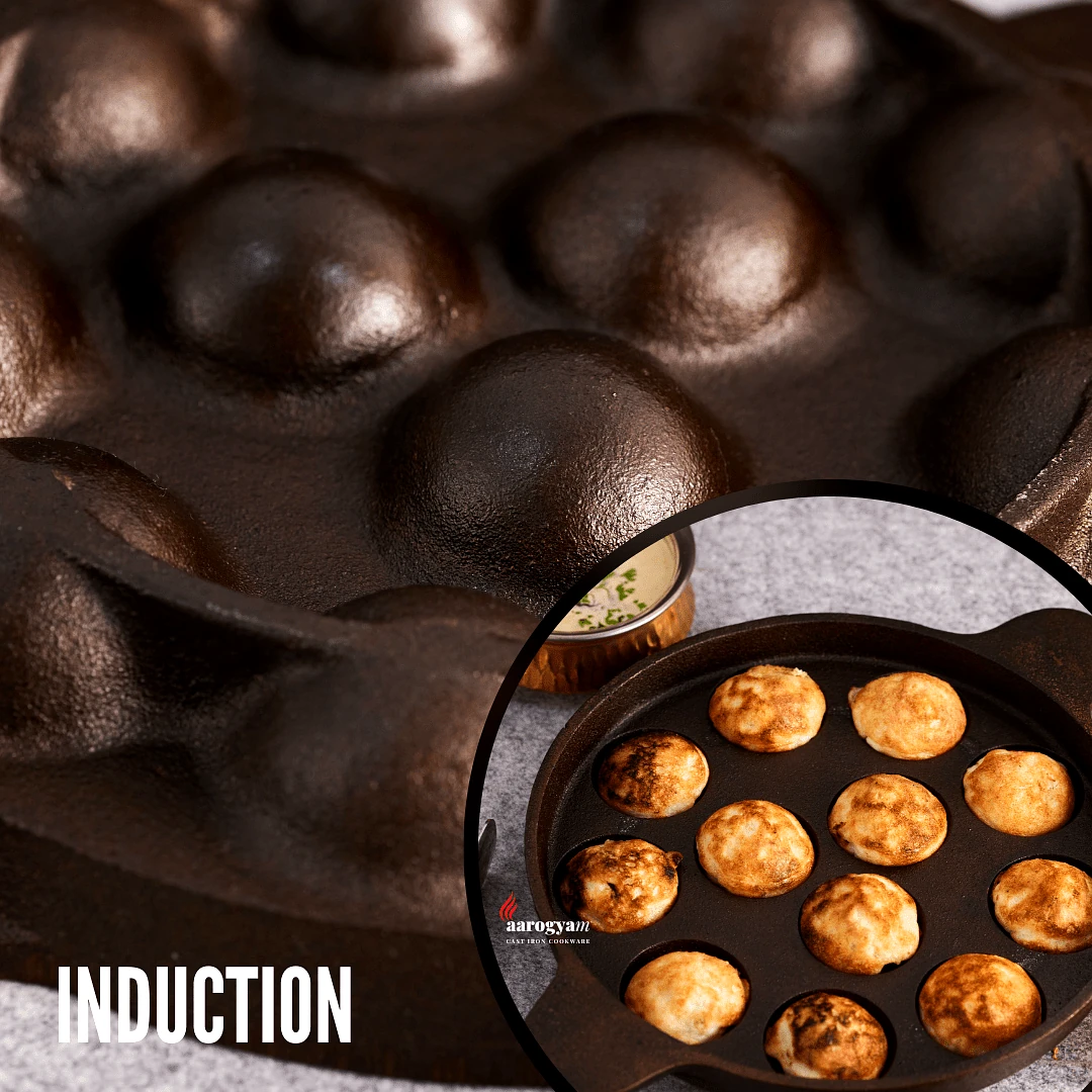 Aarogyam Cast Iron Paniyaram Pan 12 Cavity , with Ring at Bottom for support, Pre-Seasoned 8.2 inch Diameter (22cm), Naturally Non-stick, Toxin-Free, Gas & Induction Compatible, Weight- 1.8 kg (Colour - Black) by Aarogyam - The Cast Iron Shop view 2