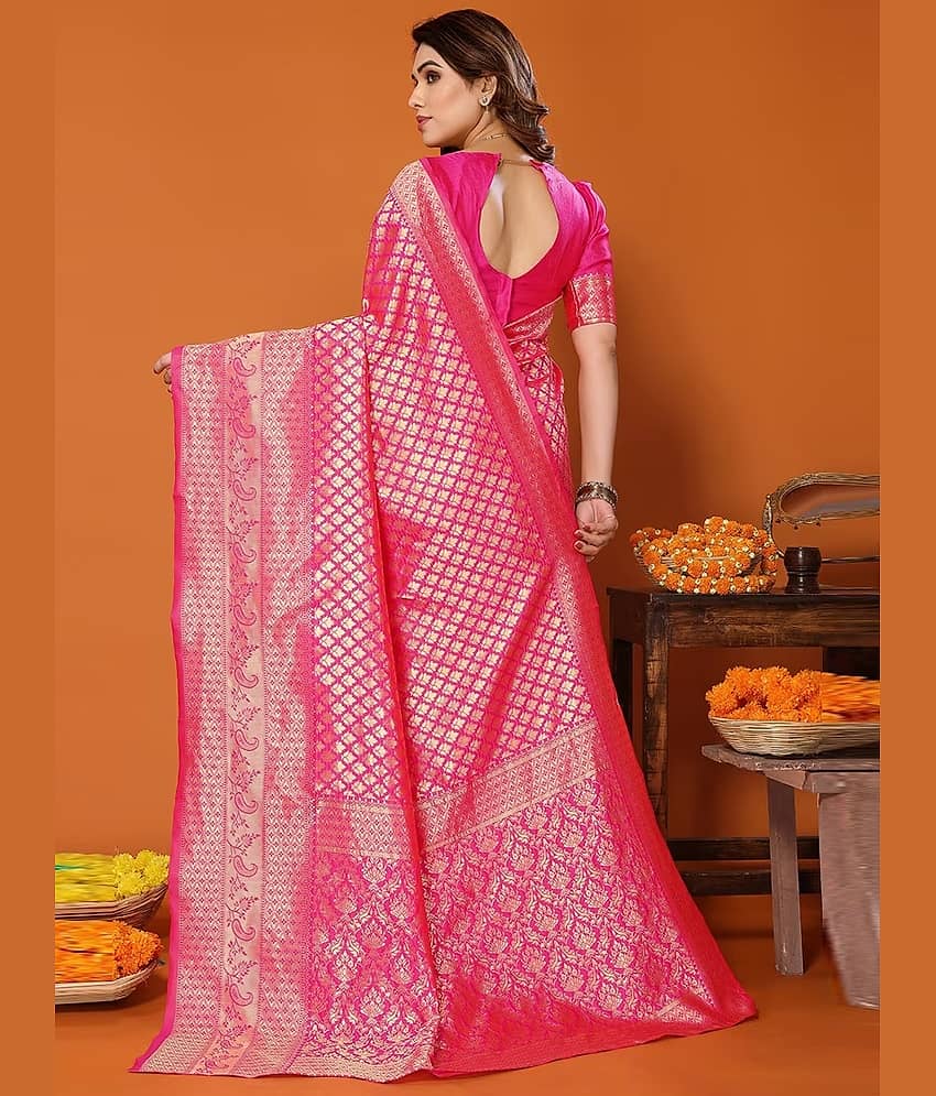 GARIYA Banarasi Silk Embellished Saree With Unstitched Blouse Piece ( Rani ) view 2