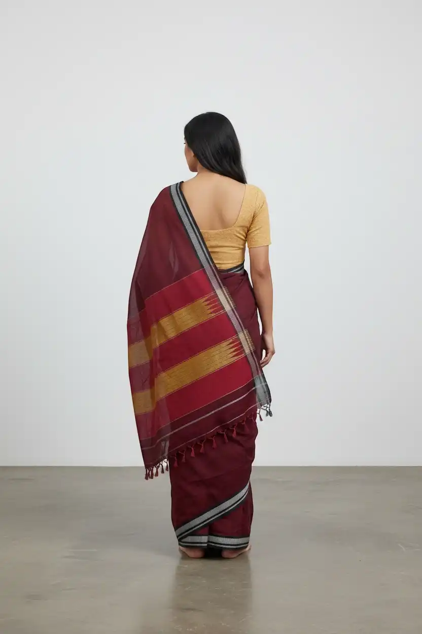 Handwoven Ilkal Cotton Saree in Maroon with Mustard Pallu Bands view 2