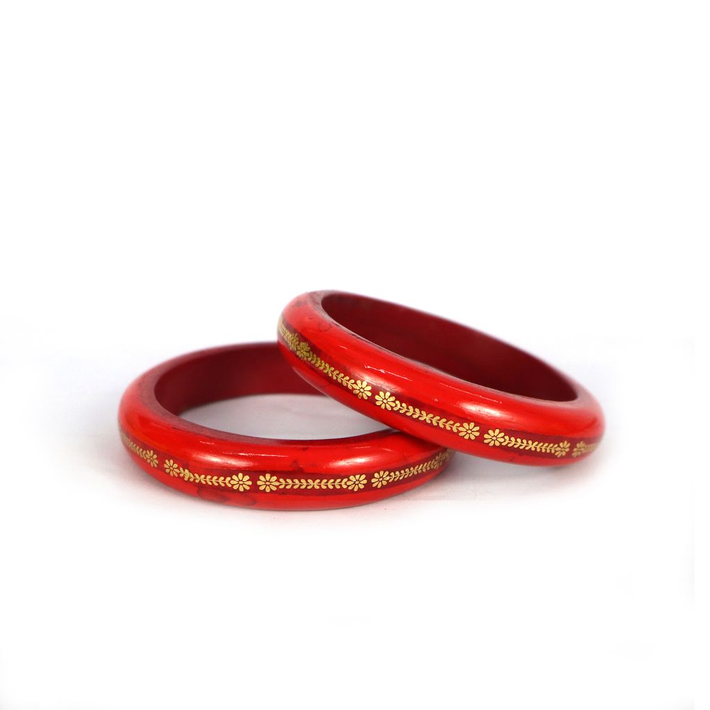 FHS Rajasthani Inner Gold Work Lac Bangles Set - Red view 2