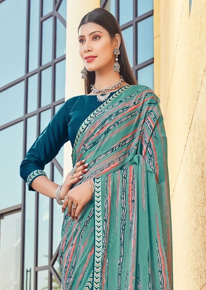 Digital Printed Georgette Saree in Sea Green view 2