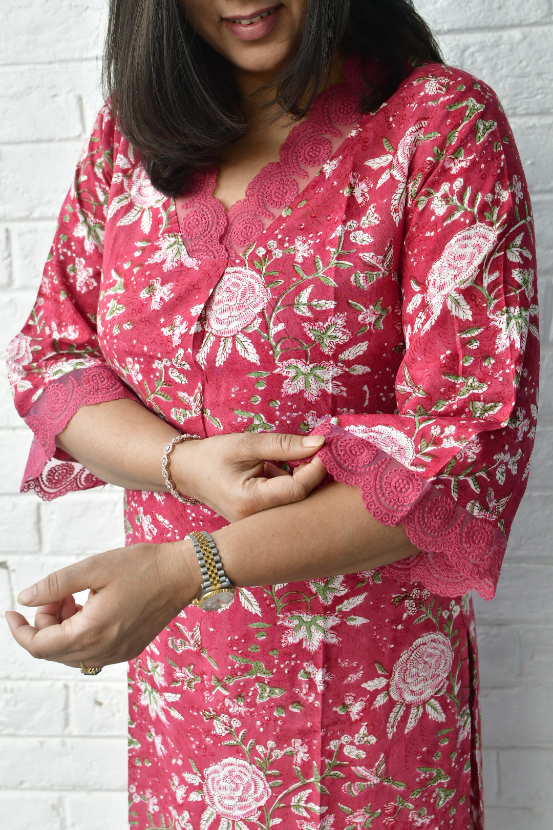 Coral Pink Bagiya Kurta set : Handblock view 2