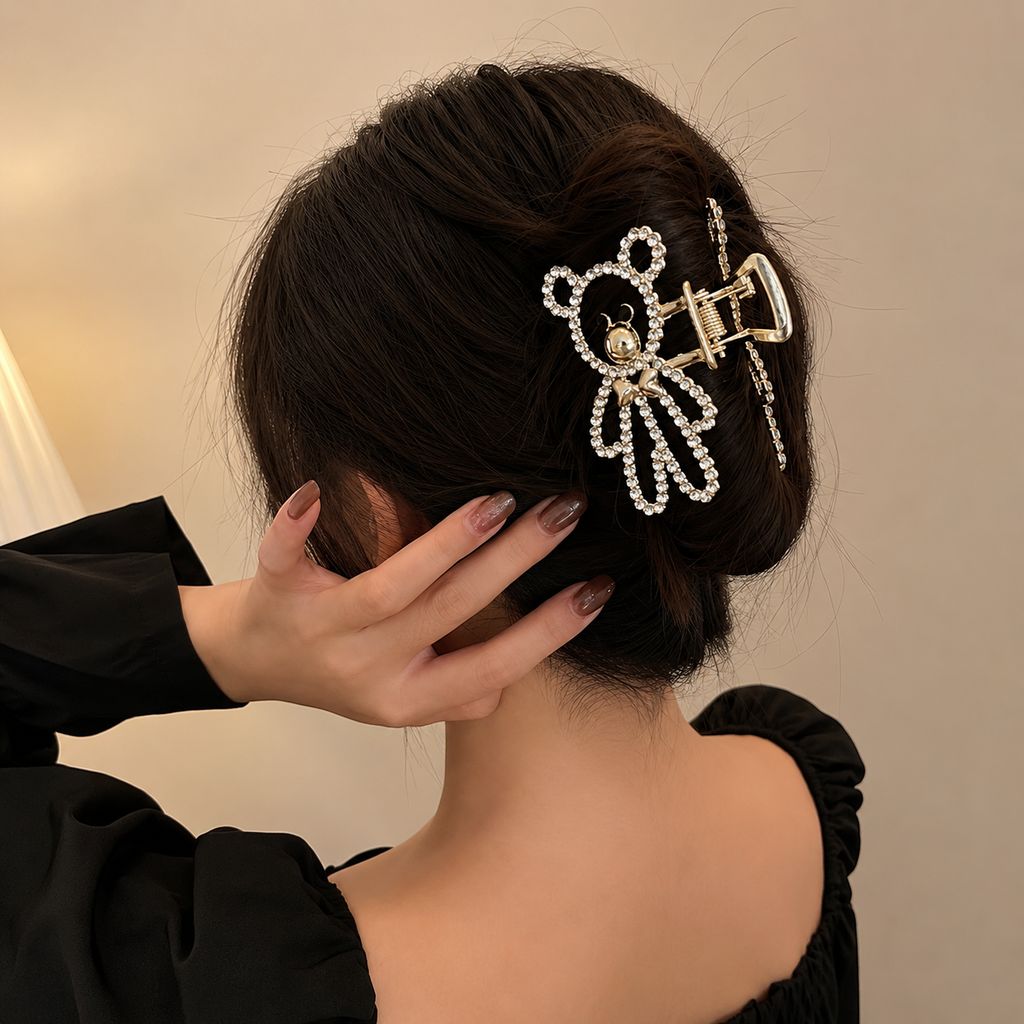 Cute Rhinestone Teddy Bear Hair Claw view 2