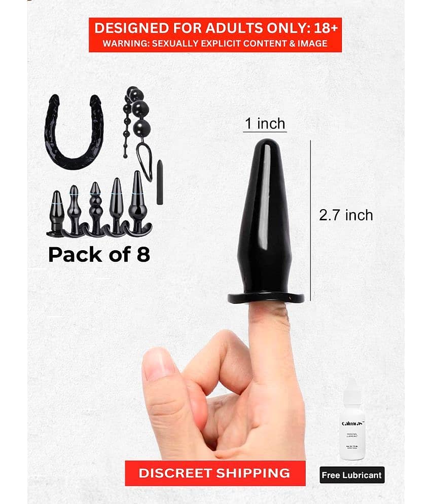 Set of 8 LGBTQ Toys- 5 Realistic Anal Butt Plug and 1 Double Ended Big Dildo and 1 Vibrator Dildo with 1 Big Anal Beads for Lesbian