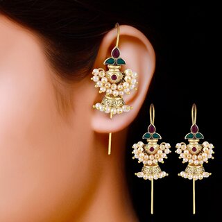 Vivastri Kalash Gold Plated Alloy Pearl Ear Cuff, Cuff Earrings Kaanphool Guttapusalu for Women & Girls - VIVA2920ERG view 2