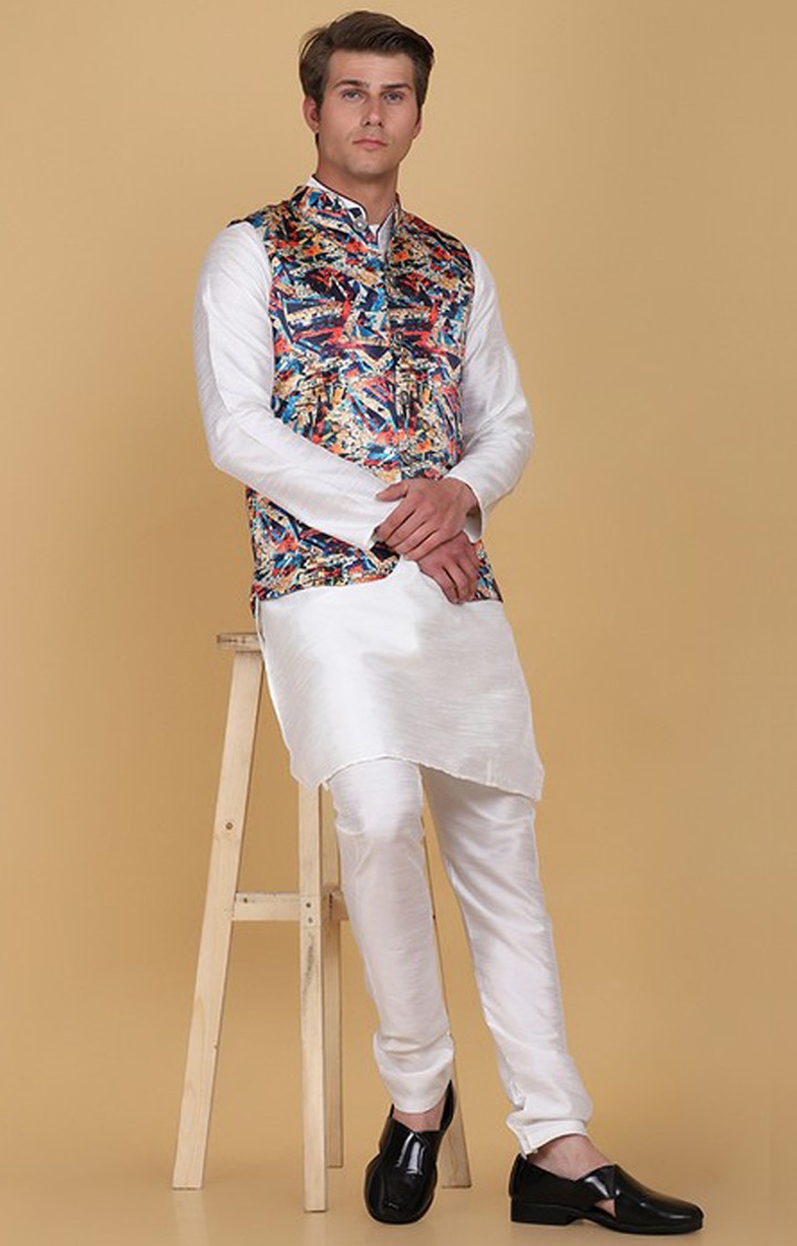 Tahvo Men Slim Fit Printed Nehru Jacket With Kurta Pyjama view 2