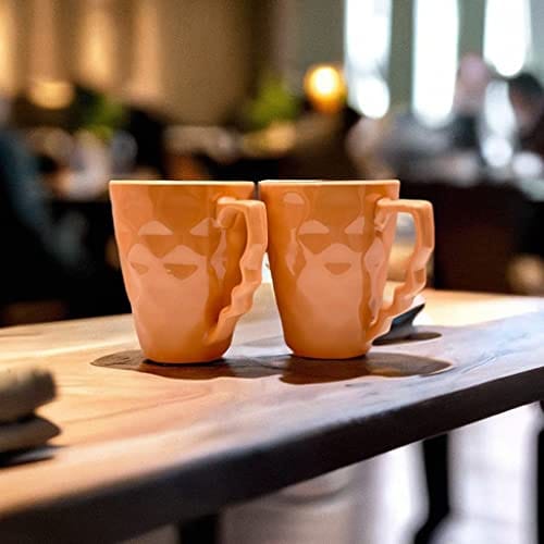 STOREPEDIA Handmade Diamond Design Ceramic Cup/Mug Set of 2, 350 ml Microwave Safe Mugs/Cups for Coffee Tea Soup Smoothie Ideal for Daily Office Travel Multi Purpose Use Orange Color view 2