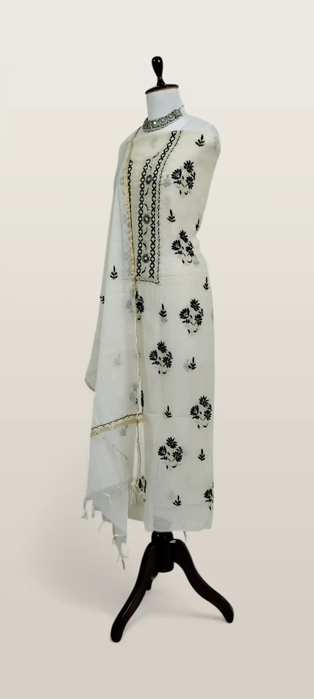 Chikankari Mul Chanderi Dress Material Ivory Black Floral view 2