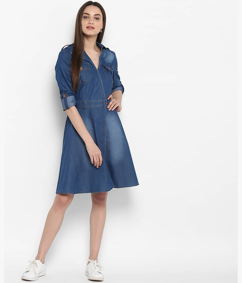 StyleStone Women Denim Fit & Flare Dress ( Blue ) view 2