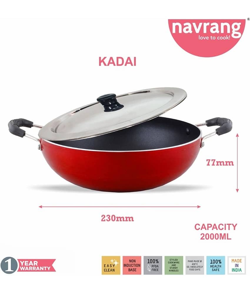 Navrang Non Stick Aluminium Kadai Economy M With Lid ,230mm,Red -Non Induction view 2