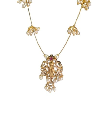 Pearl and antique gold traditional Indian pendant necklace view 2