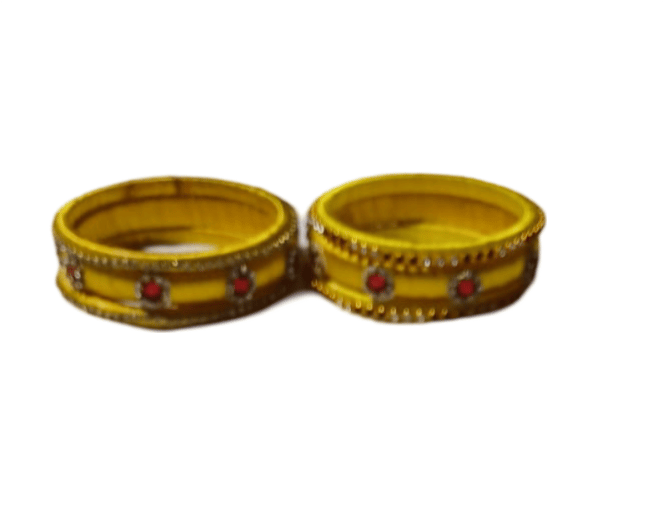Yellow Silk Thread Bangle Set with Red Stone and Rhinestone Accents view 2