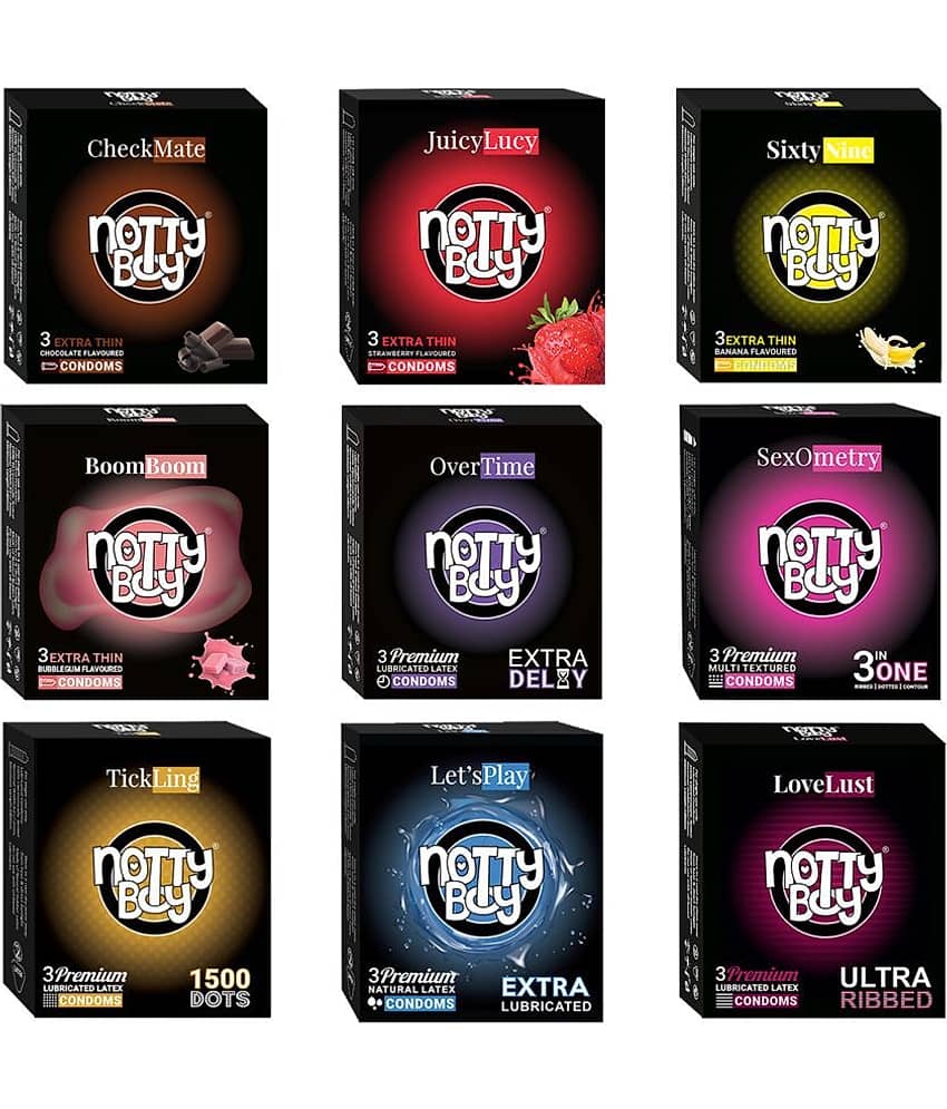 NottyBoy Multi Pack Condom - Ultra Thin, Extra Delay, Extra Lubricated, 1500 Dots and Fruits Flavoured Condoms - (Set of 9, 27 Sheets)