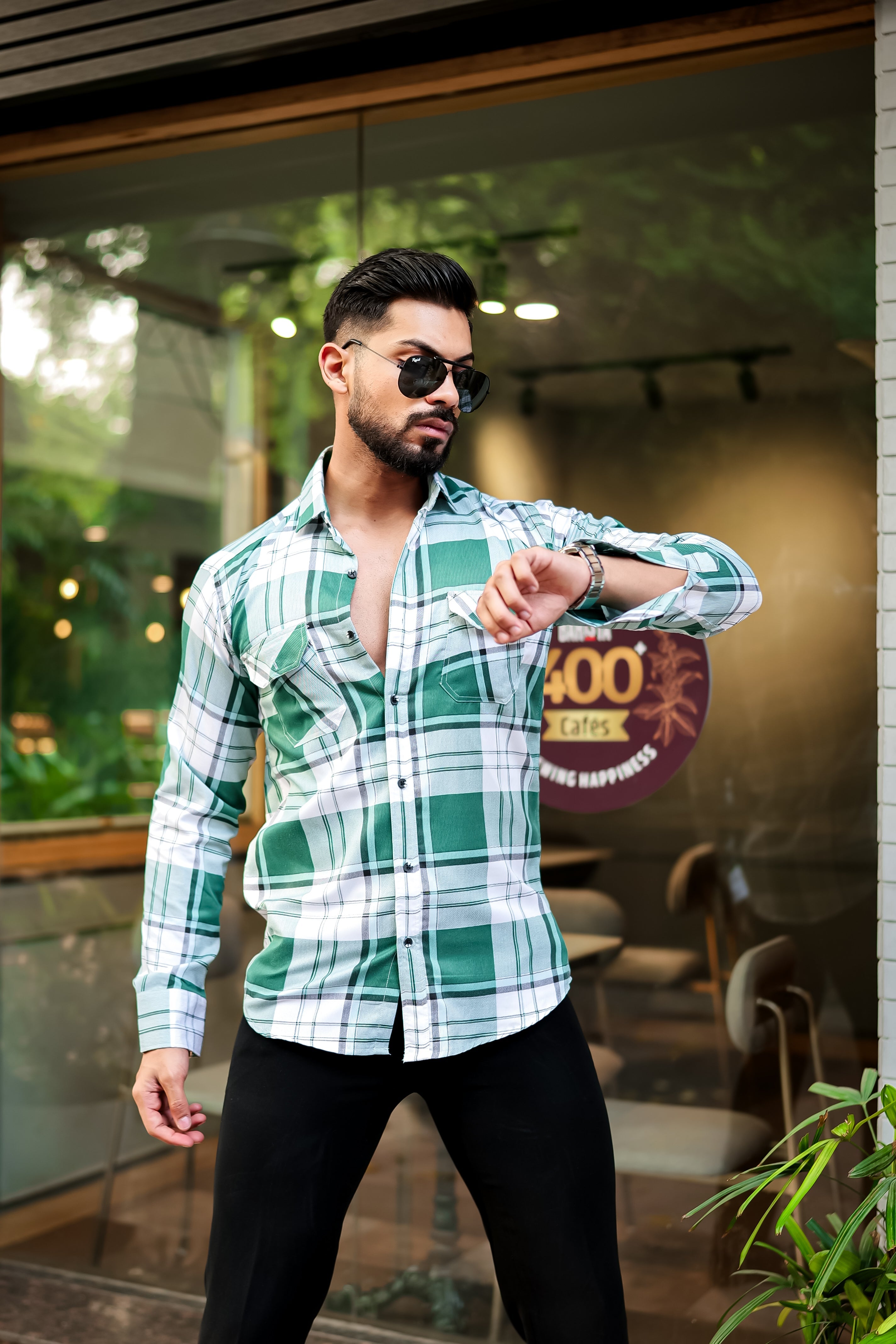 Green Double Pocket Checkered Shirt view 2