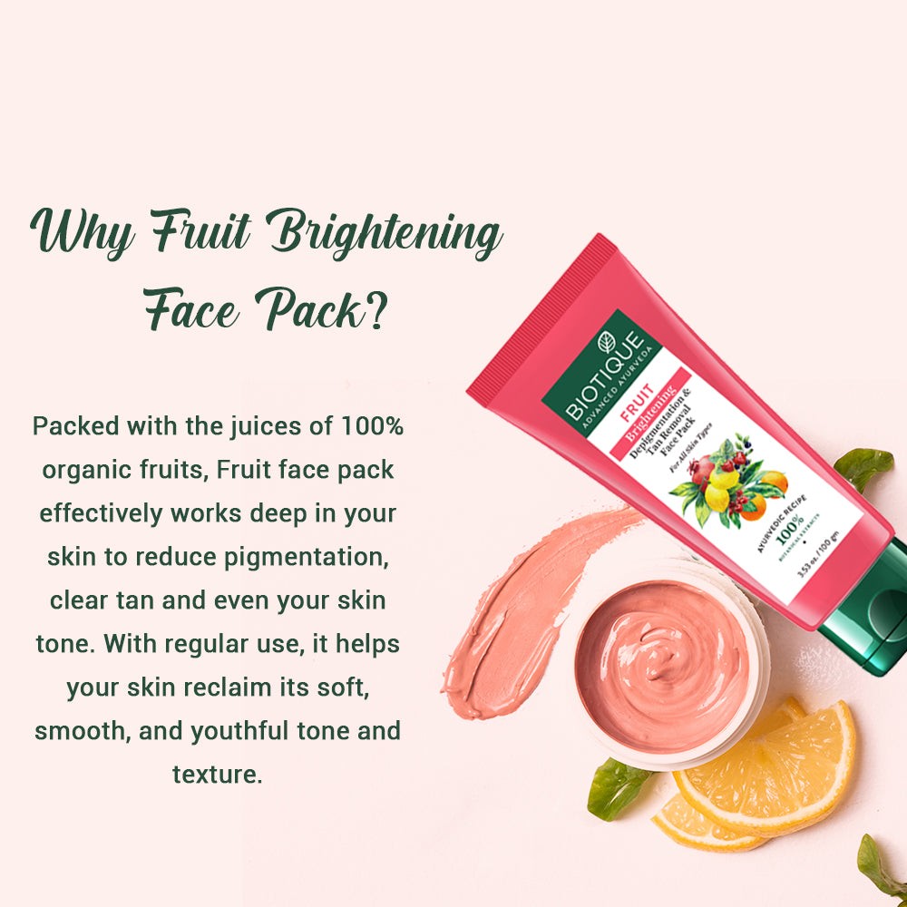 Biotique Fruit Brightening Depigmentation & Tan Removal Face Pack 100g tube view 2