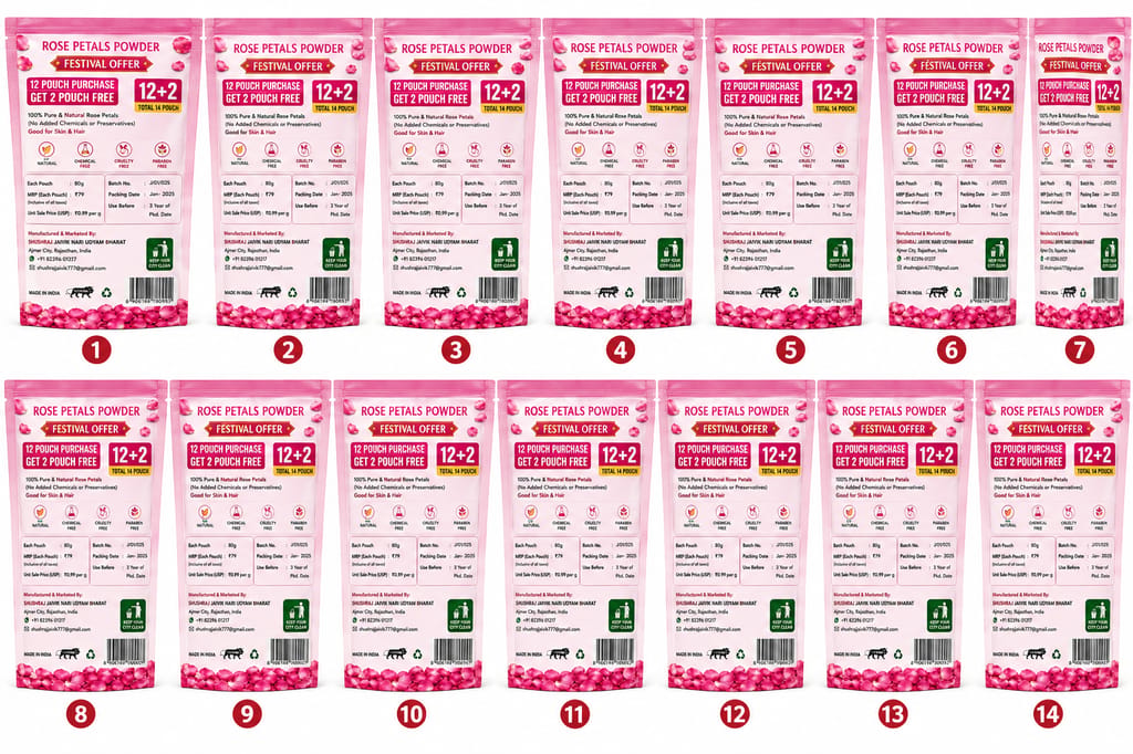 SHUSHRAJ JAIVIK Rose Petals Powder Face Pack | 12+2 Free | 14 Pouches | 1120g view 2