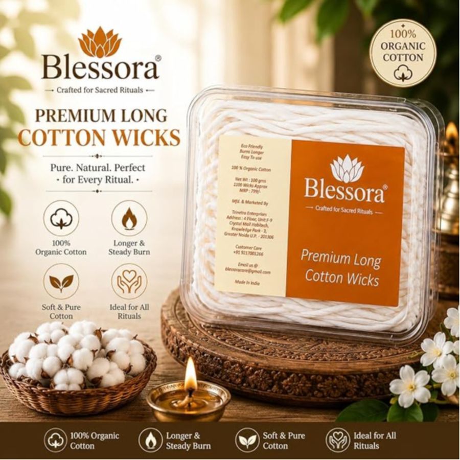 Long Cotton Wicks Diya Batti - White Long Rui for Pooja | Long Lasting Aarti Use | Temple Daily Worship (Pack of 1100 Pcs) view 2