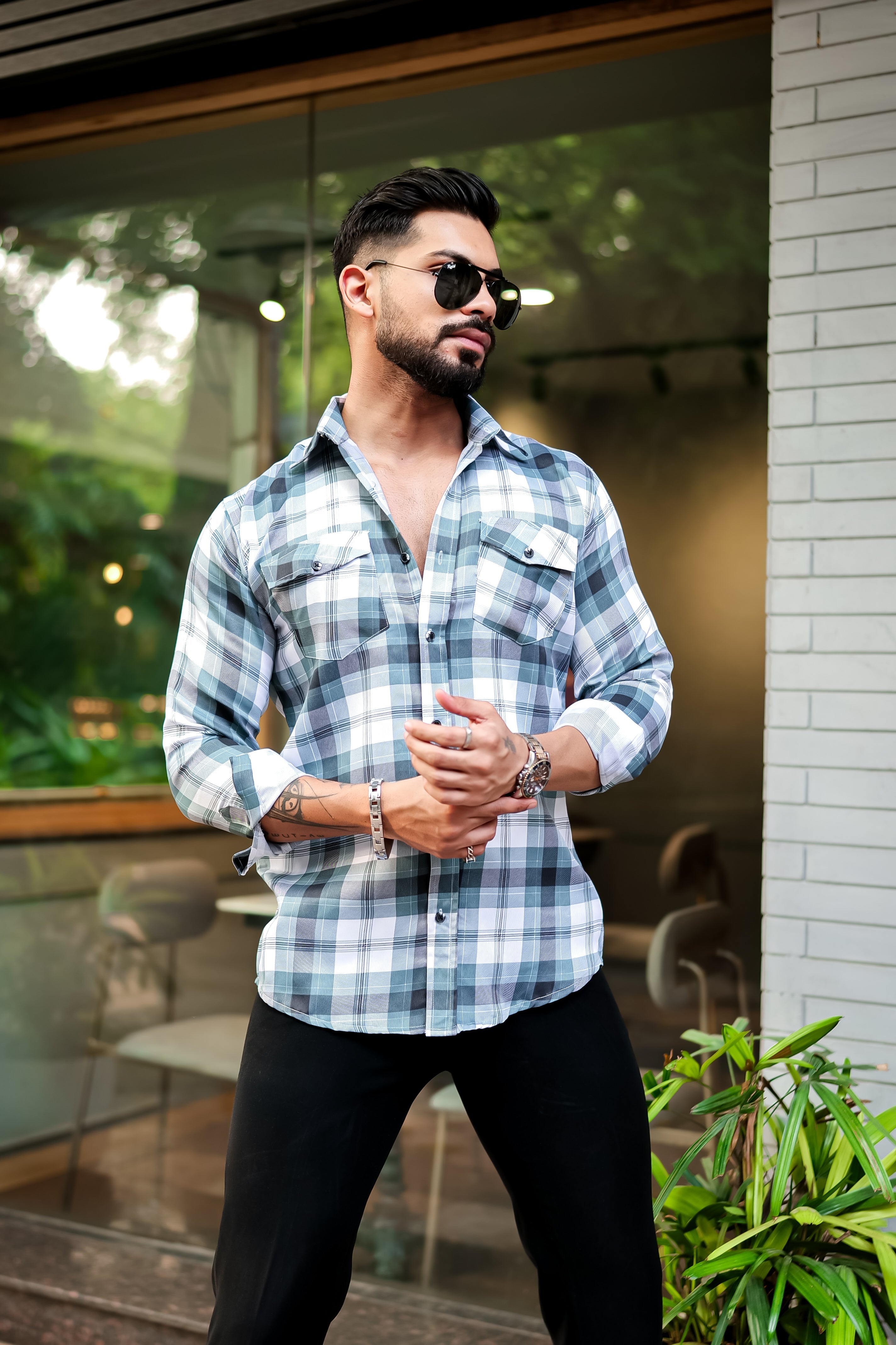 Light Green Double Pocket Checkered Shirt view 2