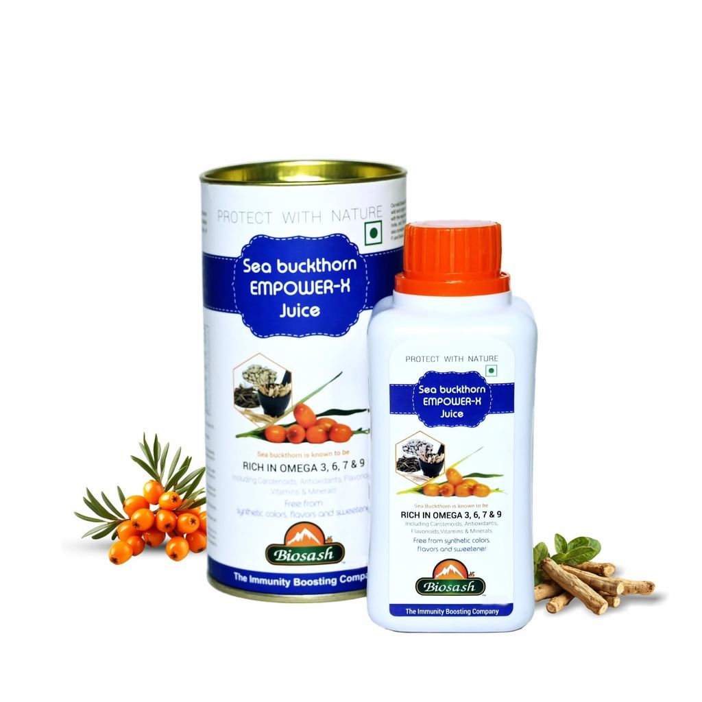 Biosash Sea Buckthorn Berry Empower-X Juice 250ml | Rich in Omega 3 6 7 9 Fatty Acids for Energy Vitality & Strength | Pure Herbal Blend with Kaunch Beej Ashwagandha Safed Musli Gokhru & Sea Buckthorn