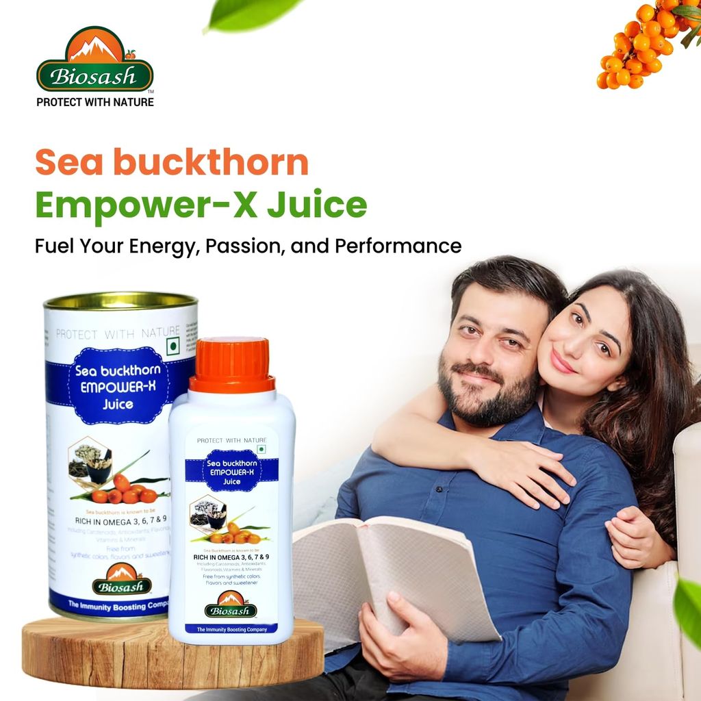 Biosash Sea Buckthorn Berry Empower-X Juice 250ml | Rich in Omega 3 6 7 9 Fatty Acids for Energy Vitality & Strength | Pure Herbal Blend with Kaunch Beej Ashwagandha Safed Musli Gokhru & Sea Buckthorn view 2