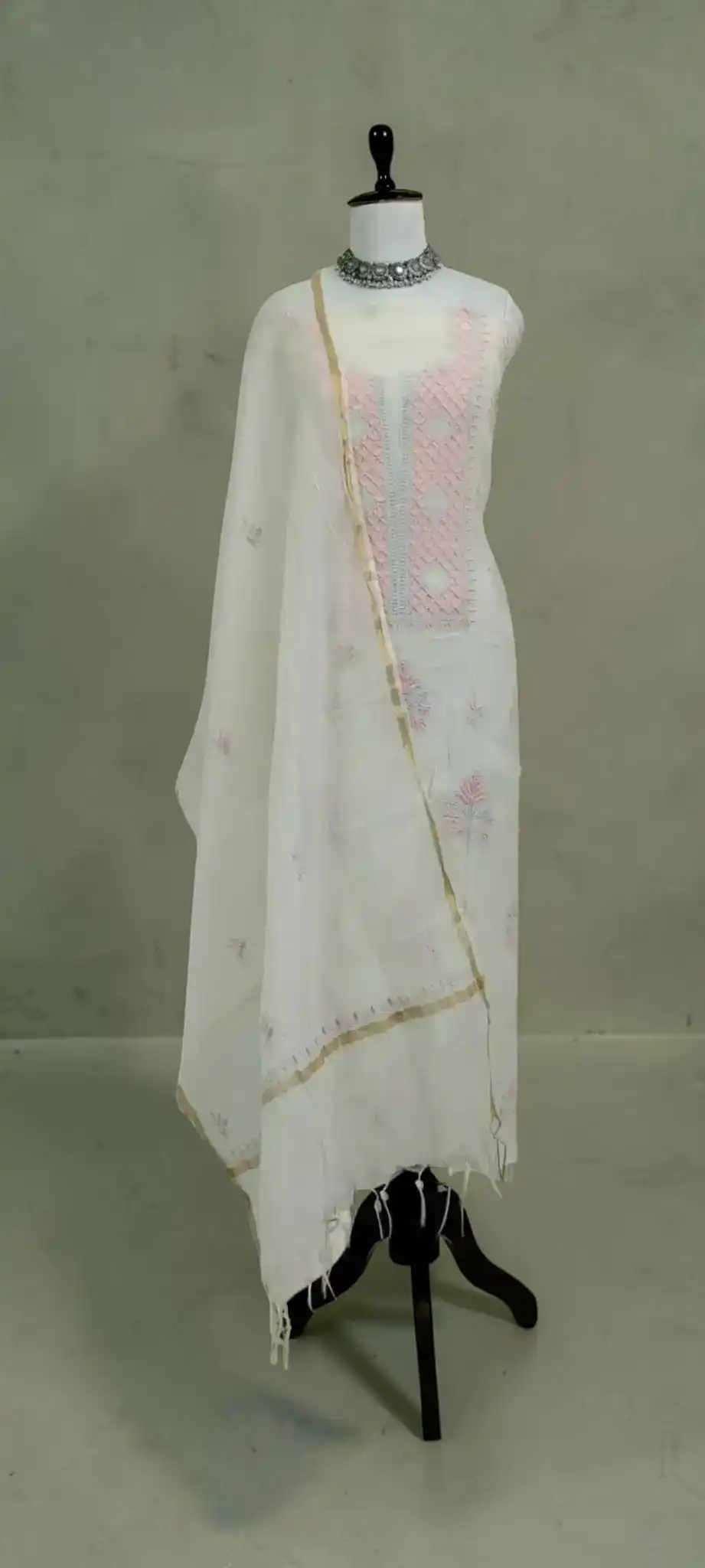 Lucknow Chikankari Dress Material in White and Ivory Mul Cotton