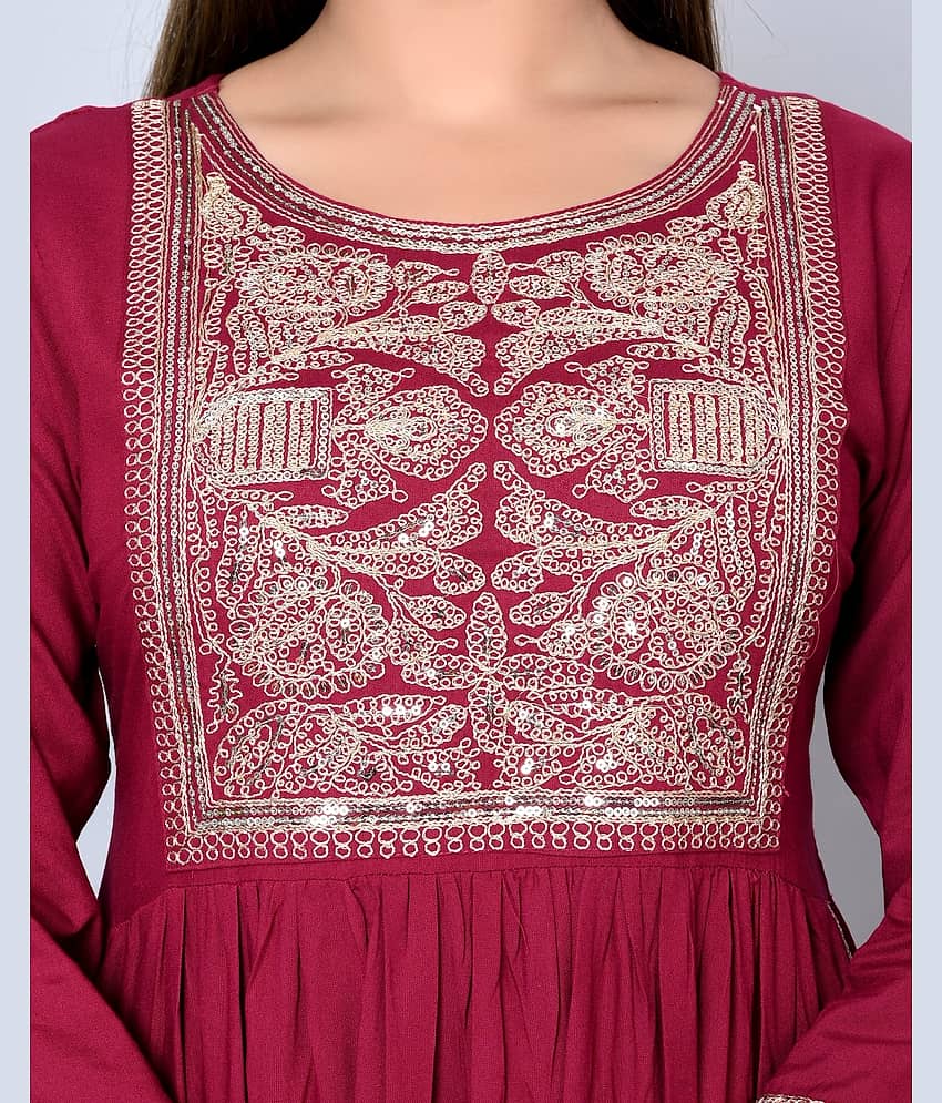 MAUKA - Maroon Nayra Rayon Women's Stitched Salwar Suit ( Pack of 1 ) view 2