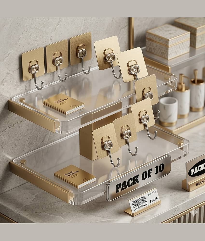 Golden Hook 10 Pack Large Heavy Duty Stainless Steel Adhesive Hooks – Waterproof, Strong, Damage-Free Wall Hooks for Towels, Coats & Accessories – Kitchen, Bathroom, Home & Office Organization