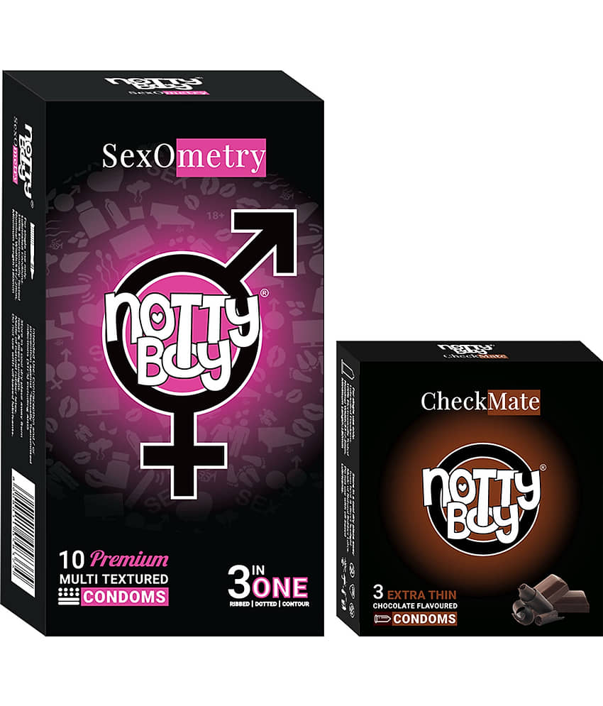 NottyBoy Ribs Dots Contour and Sweet Chocolate Flavour Condoms - (Set of 2, 13 Pieces)