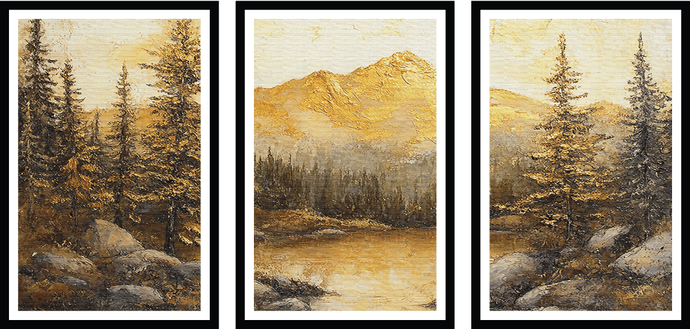 SET OF 3 GOLDEN FOREST PAINTINGS 48in X 24in WITH BLACK FRAME view 2
