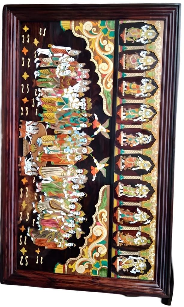 Wooden Wall Hanging Plaque with intricate carvings of Hindu Gods and Goddesses.