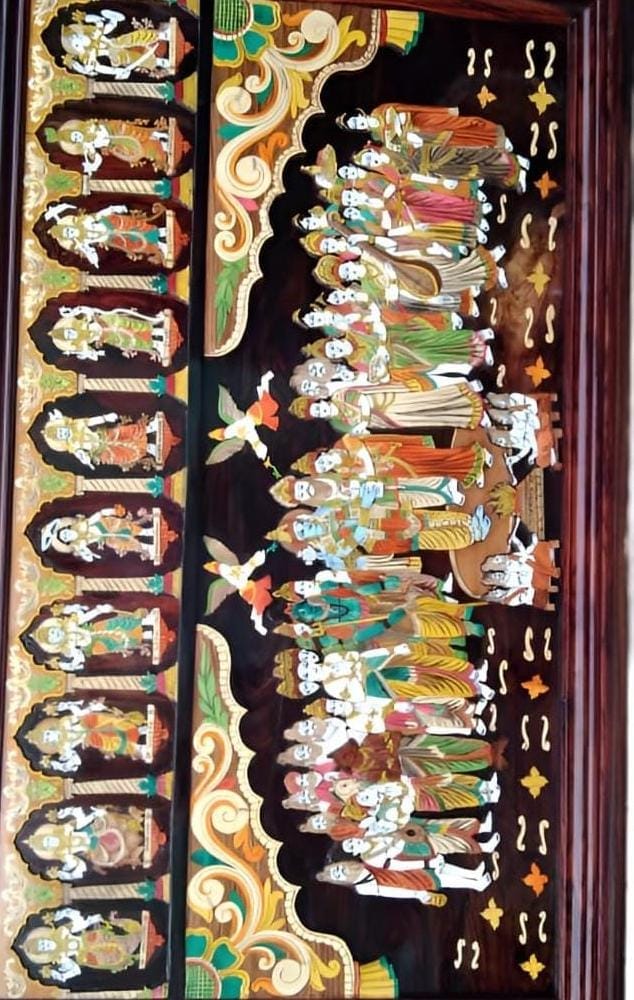 Wooden Wall Hanging Plaque with intricate carvings of Hindu Gods and Goddesses. view 2