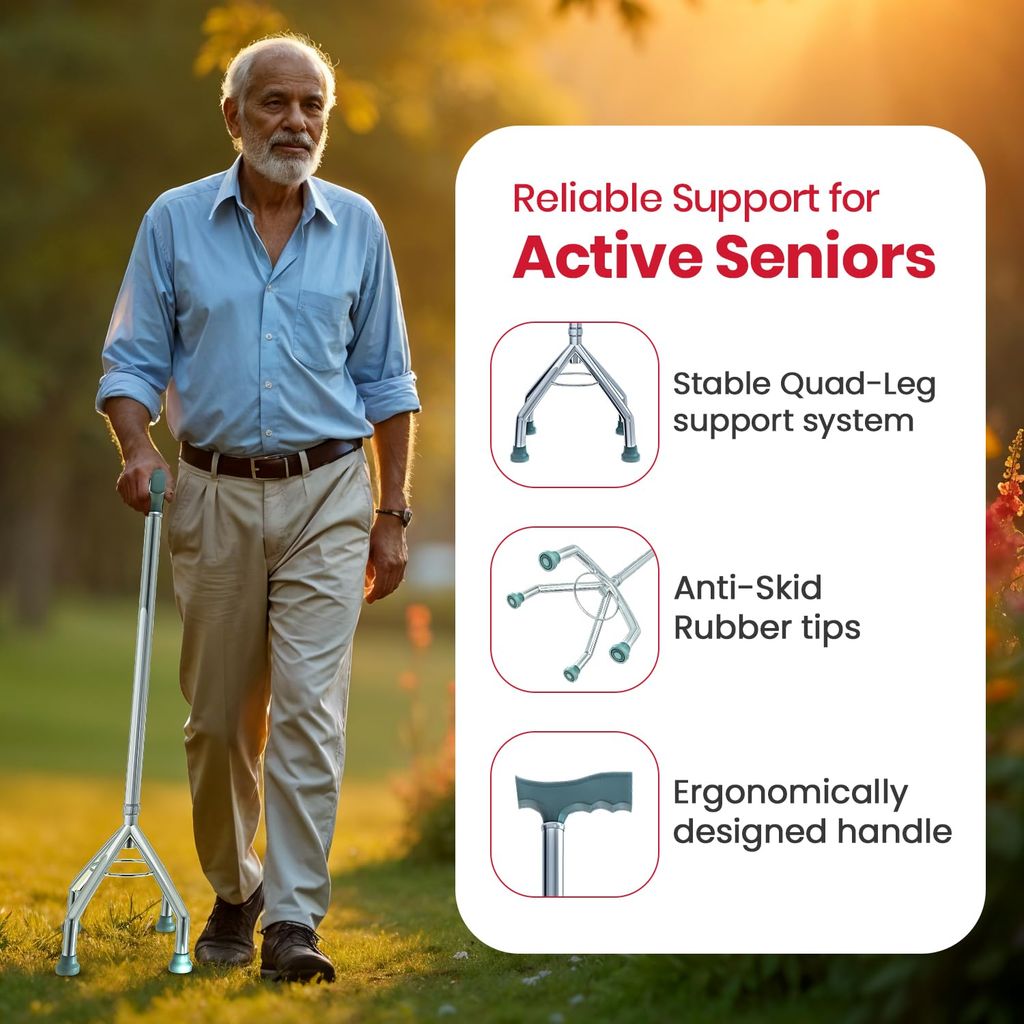 Four Leg Walking Stick | Lightweight Walking Support with Adjustable Height | 4 Leg Walking Cane for Men/Women, Patients & Old People view 2