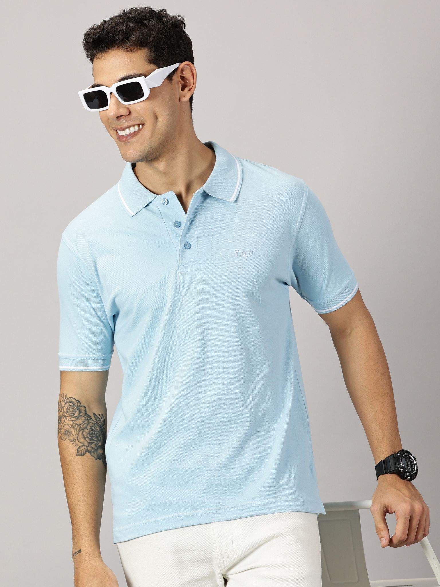Pure Cotton Ice Blue Solid Polo view 2