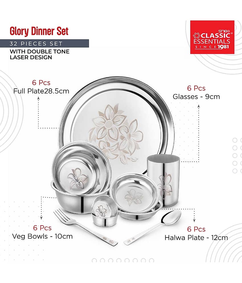 Classic Essentials - Glory-32 Silver Stainless Steel Dinner Set ( Pack of 32 ) view 2