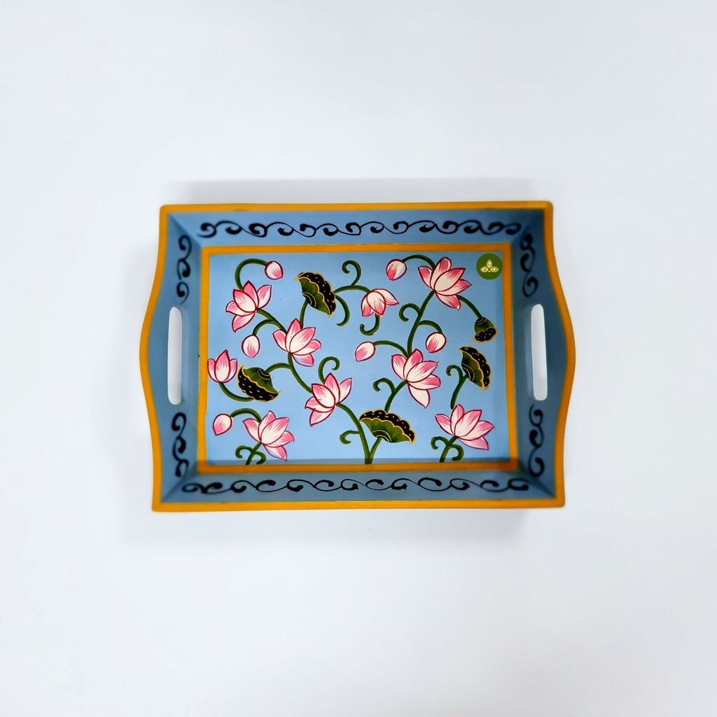 Hand painted pichwai art wooden sky blue color tray view 2