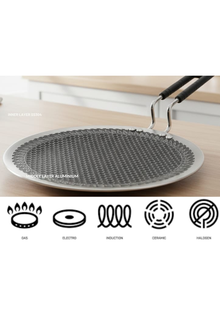 Triply Honeycomb Stainless Steel Roti Tawa 28cm | HexaRidge Non-Stick | Induction Compatible | Metal Spoon Safe view 2