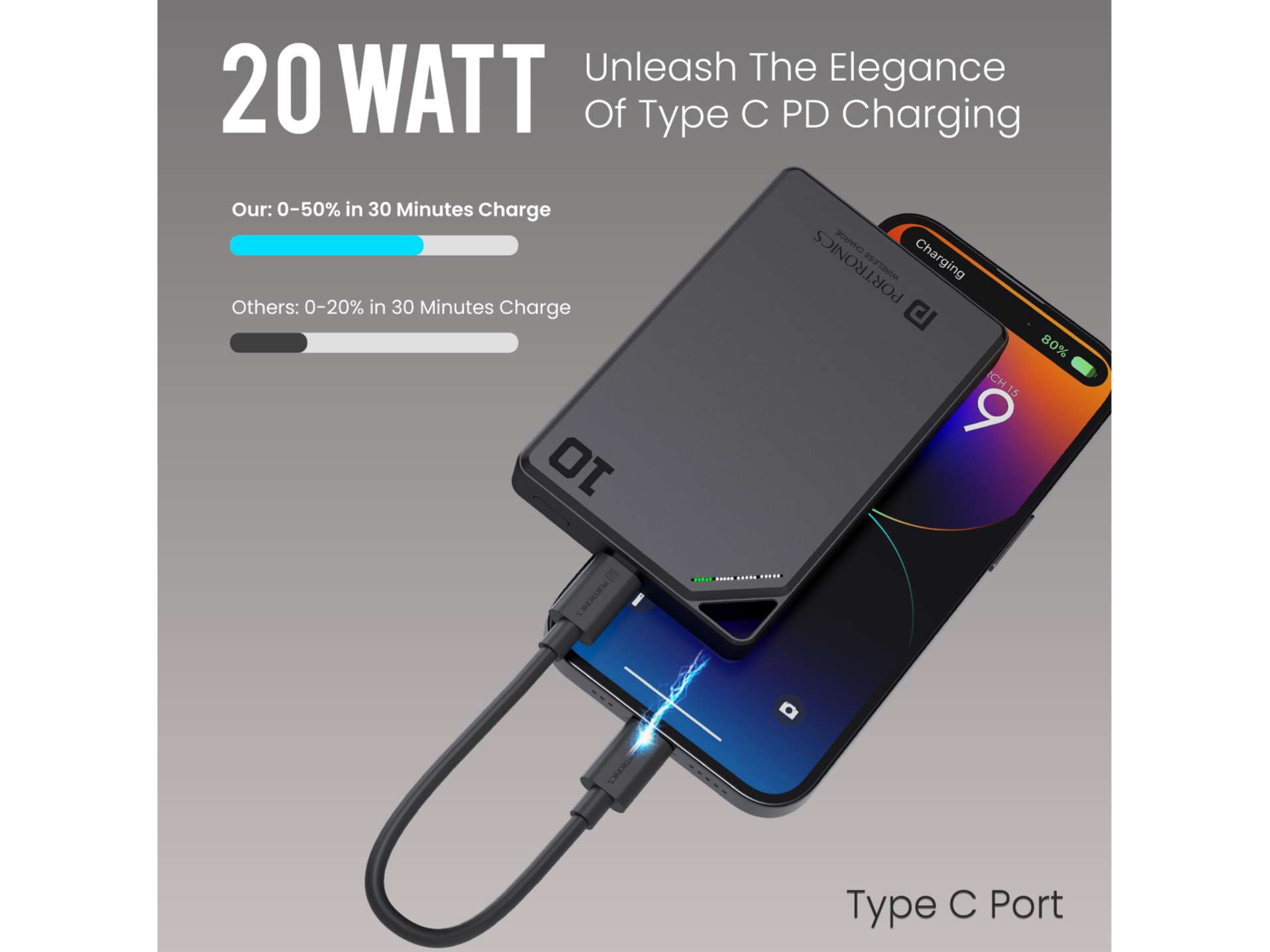 Portronics Boosty 10K 15W Wireless Magnetic 10000mAh Powerbank, 20W Type C PD Output, Aluminium Alloy Material, 16mm thickness & Light Weight view 2