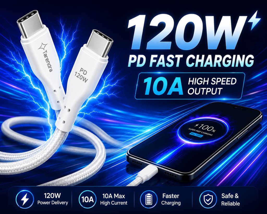 Tarendra Type C to Type C Fast Charging Cable 2 Meter 120W 10A PD Braided USB C Cable for Samsung, OnePlus, Realme, Redmi, Xiaomi, Vivo, Oppo, IQOO & All Type C Devices view 2