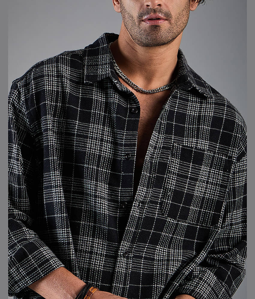 Chimpaaanzee Cotton Blend Oversized Fit Checks Full Sleeves Men's Casual Shirt - Black ( Pack of 1 ) view 2