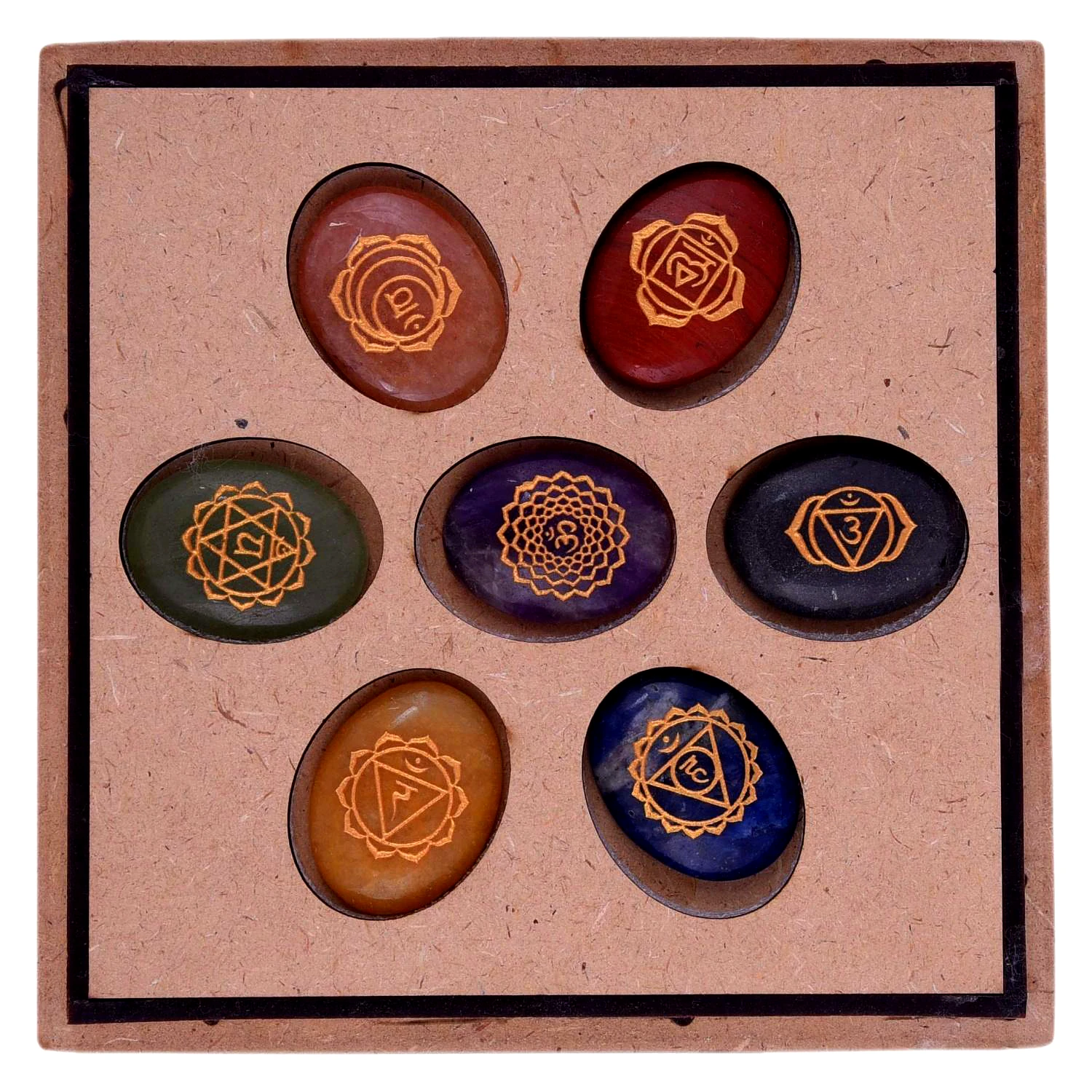 Seven Chakra Symbol Reiki Crystal Healing Set of 7 pcs with Box Reiki Engraved Natural Crystal Oval Reiki Set(KI_09) by Krishna Impex view 2