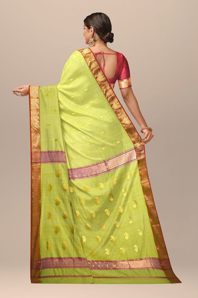 Sheen Green Carry Buti Handwoven Sausar Silk with Zari Border and Carry Buta Saree SKU-BS10036 view 2