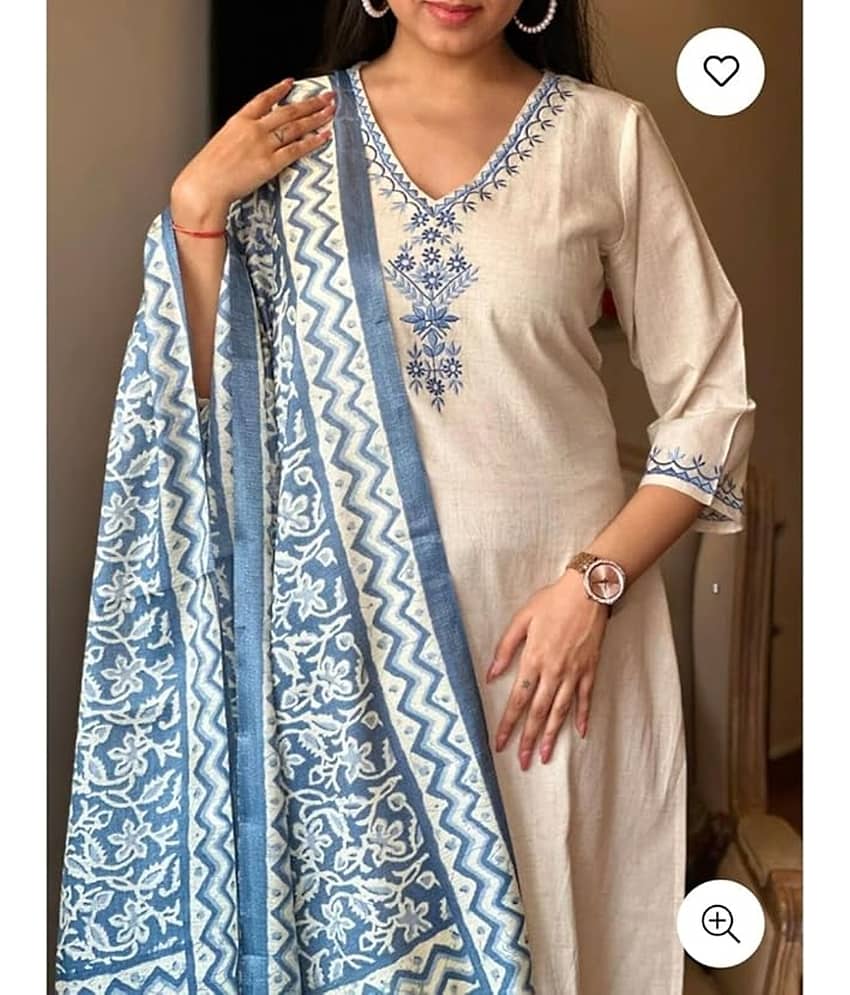 zasvo Women Cotton Embroidered A-line Kurti With Pants ( Cream ) view 2